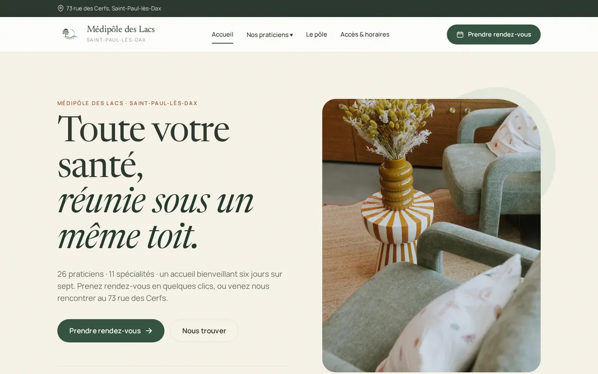 Page d'accueil du site Médipôle des Lacs