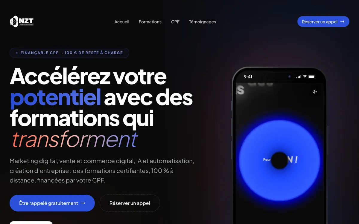 Page d'accueil du site NZT Formations
